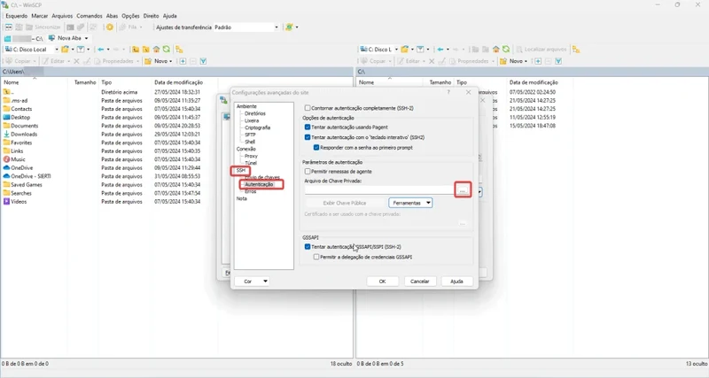Configuração de Chaves SSH no WinSCP Tela de configuração de chaves SSH no WinSCP para autenticação segura.