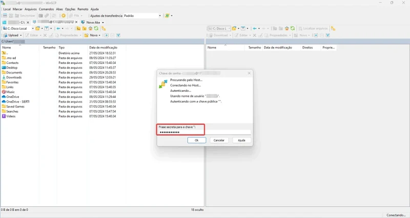 Barra de progresso no WinSCP durante a transferência segura de arquivos via SFTP.
