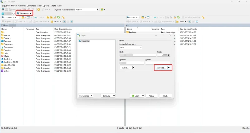 Interface do WinSCP Interface gráfica do WinSCP mostrando a lista de arquivos para transferência SFTP.